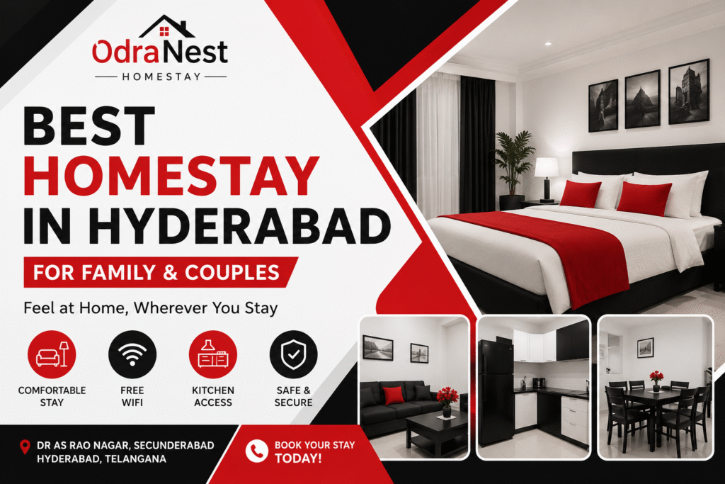 Luxury black, white, and red themed featured image for OdraNest Homestay in Hyderabad showing a modern bedroom, living room, and kitchen with the text โBest Homestay in Hyderabad for Family & Couplesโ and premium stay amenities.