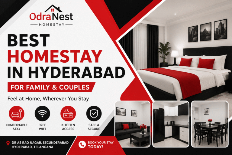 Luxury black, white, and red themed featured image for OdraNest Homestay in Hyderabad showing a modern bedroom, living room, and kitchen with the text “Best Homestay in Hyderabad for Family & Couples” and premium stay amenities.