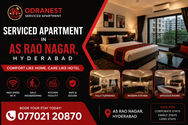 Odranest serviced apartment in AS Rao Nagar Hyderabad with modern furnished rooms, kitchen facility, Wi-Fi, housekeeping, and comfortable long-stay accommodation.