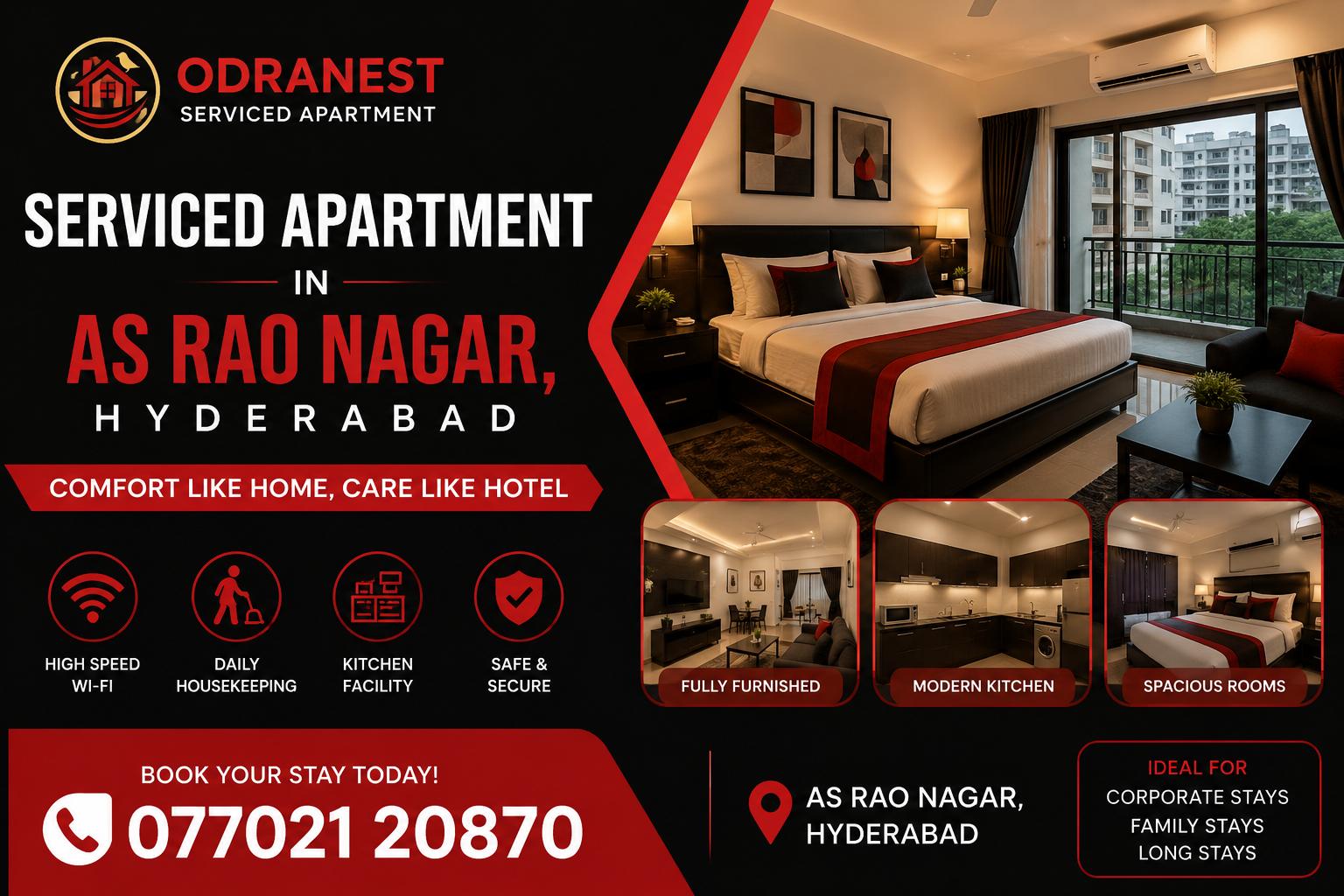 Odranest serviced apartment in AS Rao Nagar Hyderabad with modern furnished rooms, kitchen facility, Wi-Fi, housekeeping, and comfortable long-stay accommodation.
