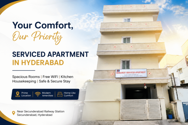 Modern serviced apartment Hyderabad with spacious rooms, free WiFi, kitchen facilities, housekeeping, and secure stay near Secunderabad Railway Station – Odranest Serviced Apartment promotional banner.