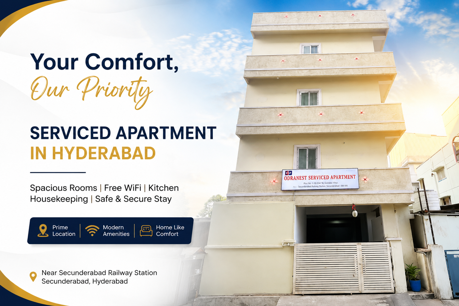 Modern serviced apartment Hyderabad with spacious rooms, free WiFi, kitchen facilities, housekeeping, and secure stay near Secunderabad Railway Station – Odranest Serviced Apartment promotional banner.