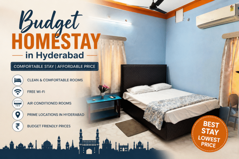 Budget Homestay in Hyderabad featuring a clean and comfortable air-conditioned bedroom with double bed, free WiFi, and affordable accommodation for families and business travelers.