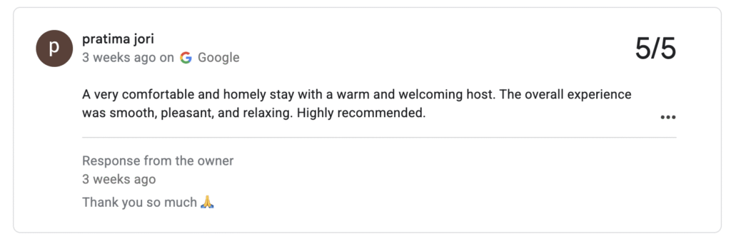 Pratima Jori's 5-star Google review for Odranest Budget Homestay in Hyderabad